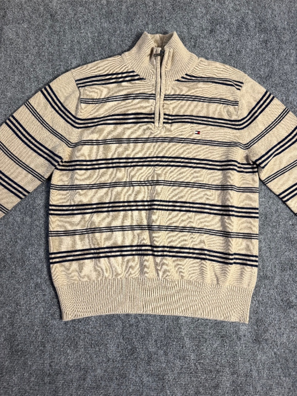 Tommy Hilfiger Mens Small Quarter Zip Sweater Beige Navy Striped Preppy Knit